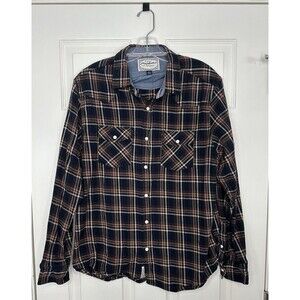 EXCELLENT COND Flag & Anthem brown navy plaid snap down flannel mens shirt LARGE